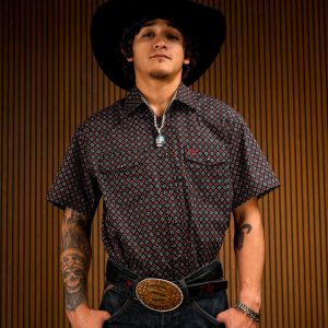 Black Printed Short Sleeve Pearl Snap Button Up Shirt