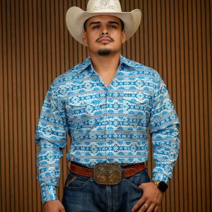 Blue Printed Long Sleeve Pearl Snap Button Up Shirt