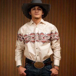 White Printed Long Sleeve Pearl Snap Button Up Shirt