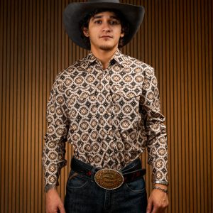 Brown Printed Long Sleeve Pearl Snap Button Up Shirt