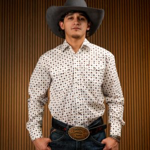 White Printed Long Sleeve Pearl Snap Button Up Shirt