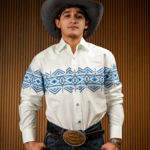 White Printed Long Sleeve Pearl Snap Button Up Shirt