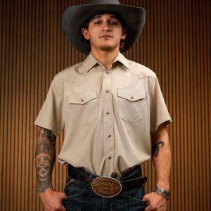 Sand Solid Short Sleeve Pearl Snap Button Up Shirt