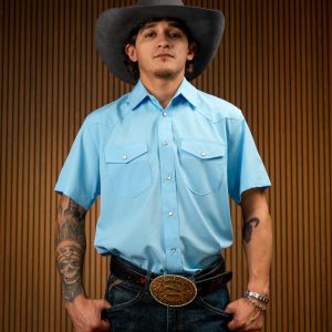 Blue Solid Short Sleeve Pearl Snap Button Up Shirt
