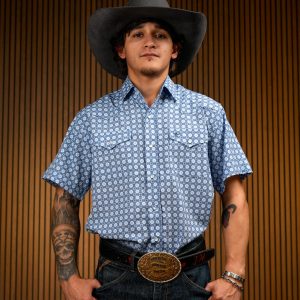 Blue Printed Short Sleeve Pearl Snap Button Up Shirt