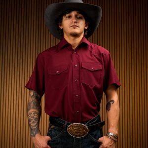 Burgundy Solid Short Sleeve Pearl Snap Button Up Shirt
